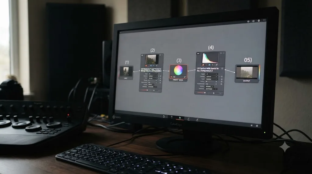 Illustration of a DaVinci Resolve node graph with two Color Space Transform nodes converting Panasonic S1H V-Log footage to Rec.709 output