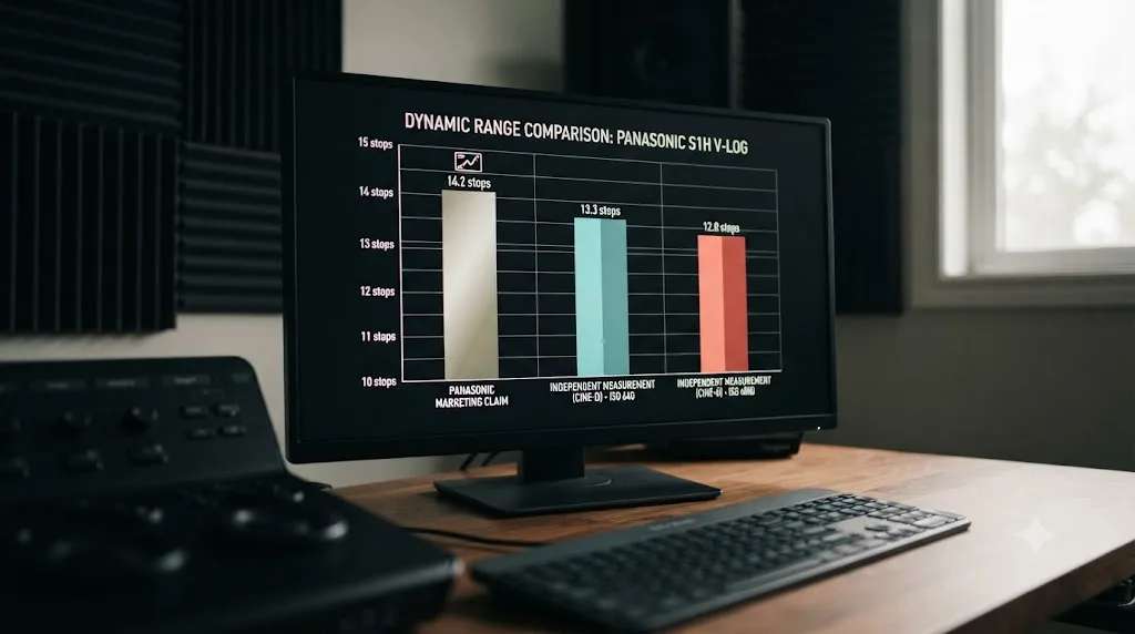 Illustration comparing marketed and independently measured dynamic range for Panasonic S1H V-Log footage at its two native ISOs