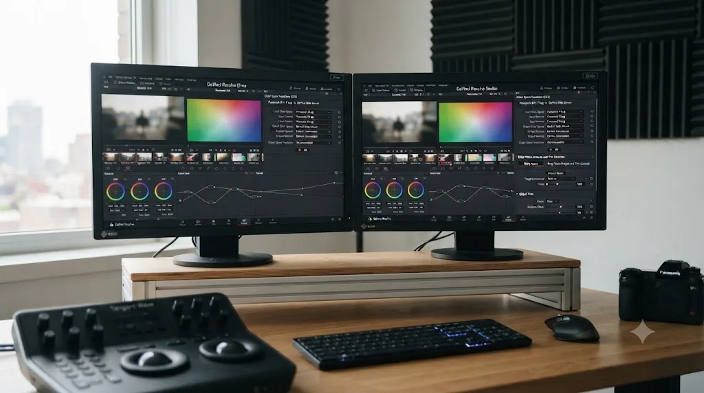 Illustration comparing DaVinci Resolve free and Studio editions, showing identical Color Space Transform tools and Studio-only Dolby Vision options