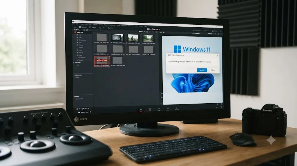 Illustration of a DaVinci Resolve Media Pool clip labeled Media Offline next to a Windows HEVC codec installation prompt