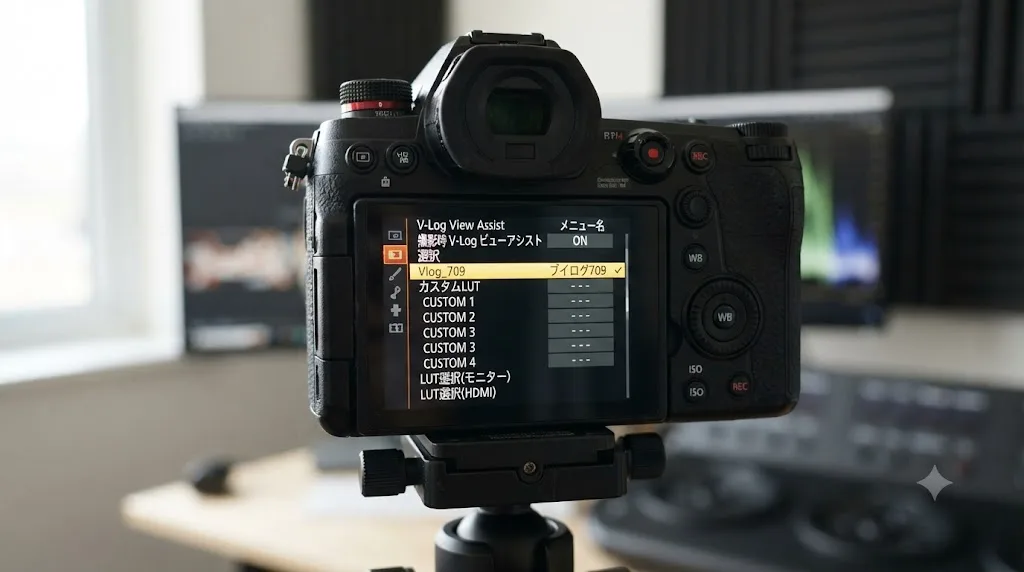 Illustration of a Panasonic S1H touchscreen showing the V-Log View Assist menu with the Vlog_709 preset and empty LUT slots