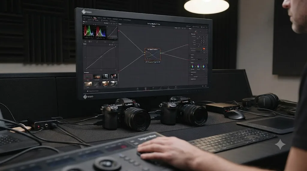 Illustration of a Panasonic S1H and a Panasonic GH7 both feeding V-Gamut V-Log footage into the same DaVinci Resolve Color Space Transform node