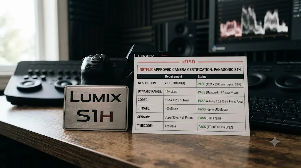 Illustration of a Panasonic S1H camera next to a Netflix approved camera certification checklist