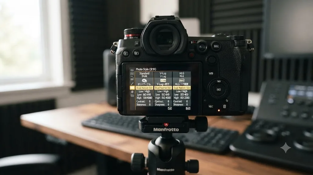 Illustration comparing Panasonic S1H Standard, V-Log, and HLG Photo Style profiles, each with a different native ISO pairing