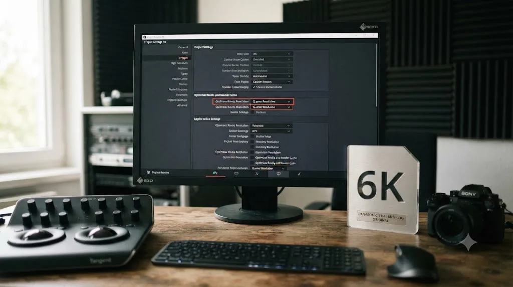 Illustration of a DaVinci Resolve Optimized Media settings panel next to a 6K file icon from a Panasonic S1H