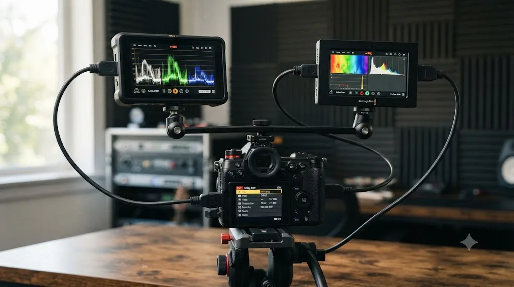 Illustration of a Panasonic S1H connected to an Atomos Ninja V and a Blackmagic Video Assist recorder as two separate RAW workflows
