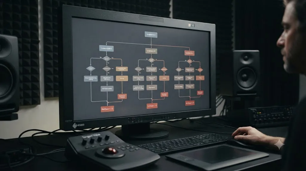 Illustration of a troubleshooting decision tree matching Panasonic S1H V-Log footage symptoms in DaVinci Resolve to their causes