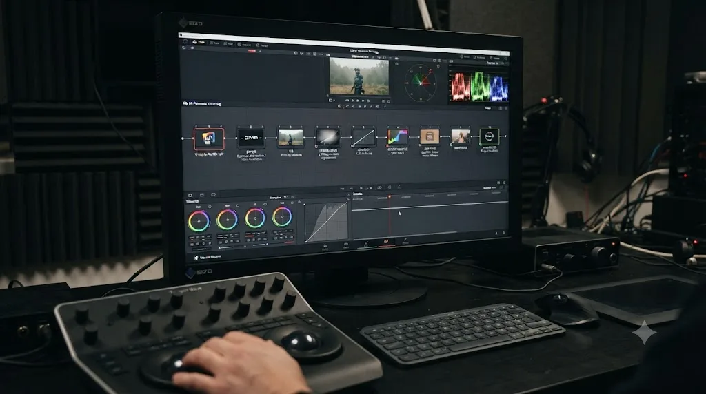 Illustration of a DaVinci Resolve node graph taking Panasonic S1H V-Log footage from Log source to finished Rec.709 grade