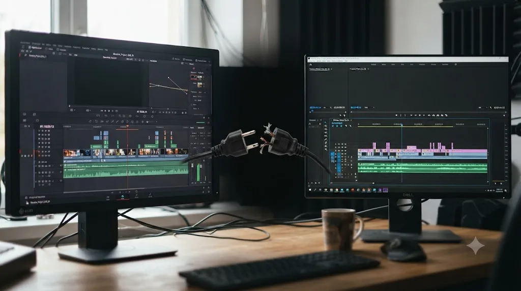 Illustration of a broken connection between a DaVinci Resolve timeline and an Adobe Premiere Pro timeline