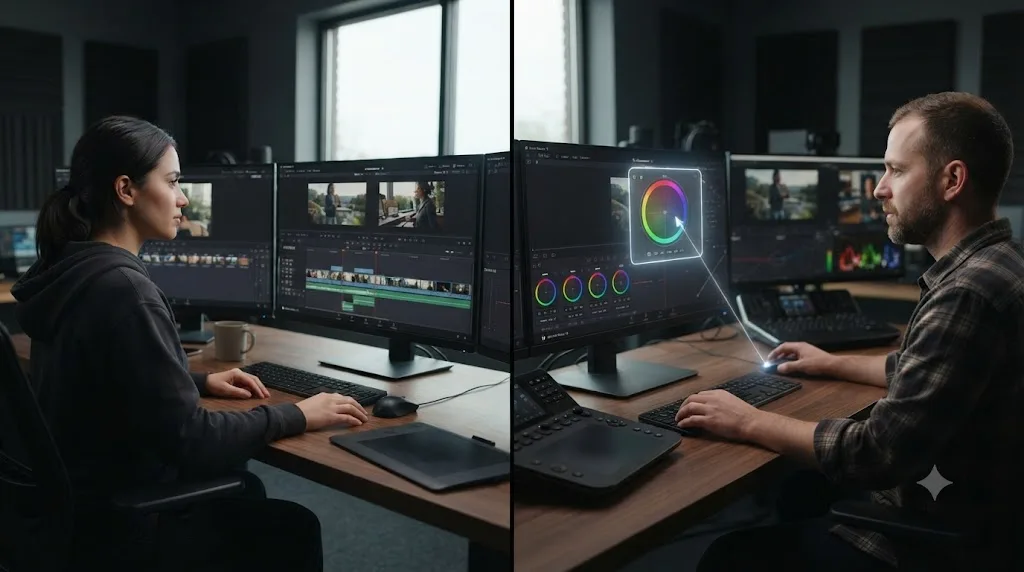 Illustration comparing an AI editing agent automatically cutting a timeline versus an AI tutor pointing at a control for a human to click