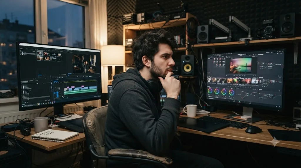 Illustration of an editor deciding between Adobe Premiere Pro and DaVinci Resolve on two separate monitors