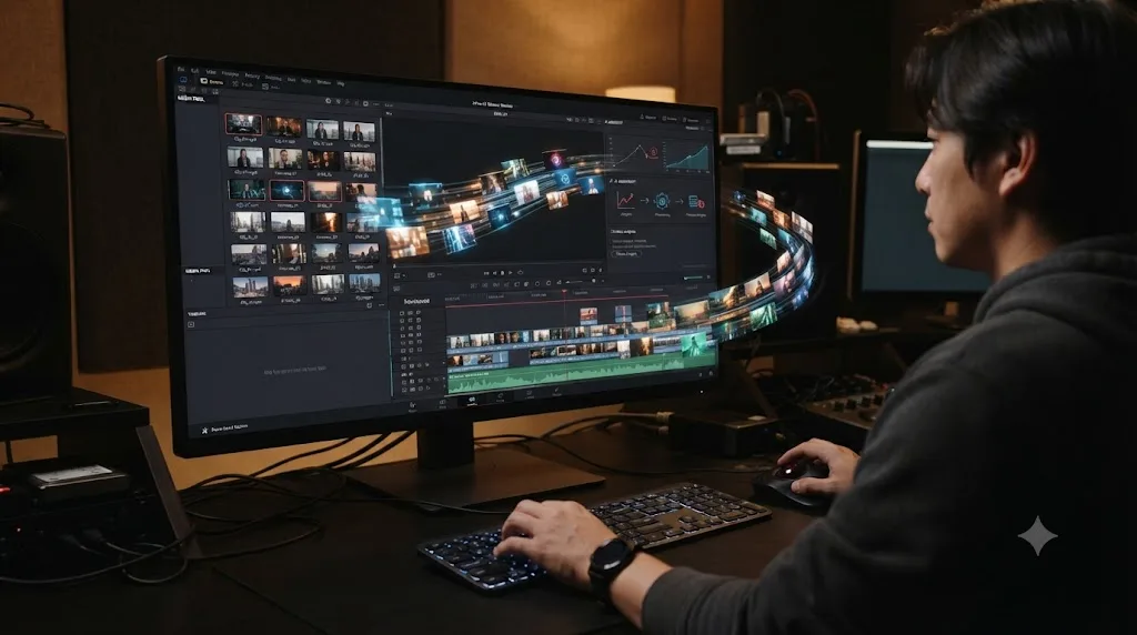 Illustration of clips flowing from a DaVinci Resolve media bin into an AI assistant panel and back as an edited timeline