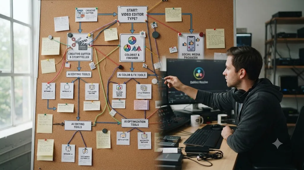 Illustration of a decision flowchart matching different types of video editors to different AI tool recommendations
