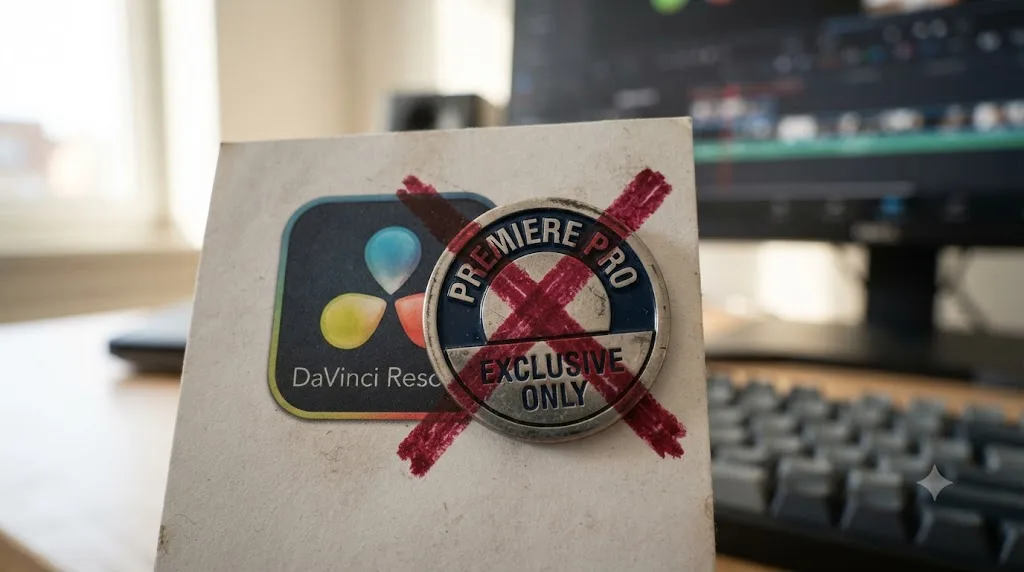 Illustration of a Premiere Pro exclusive badge crossed out over a DaVinci Resolve icon