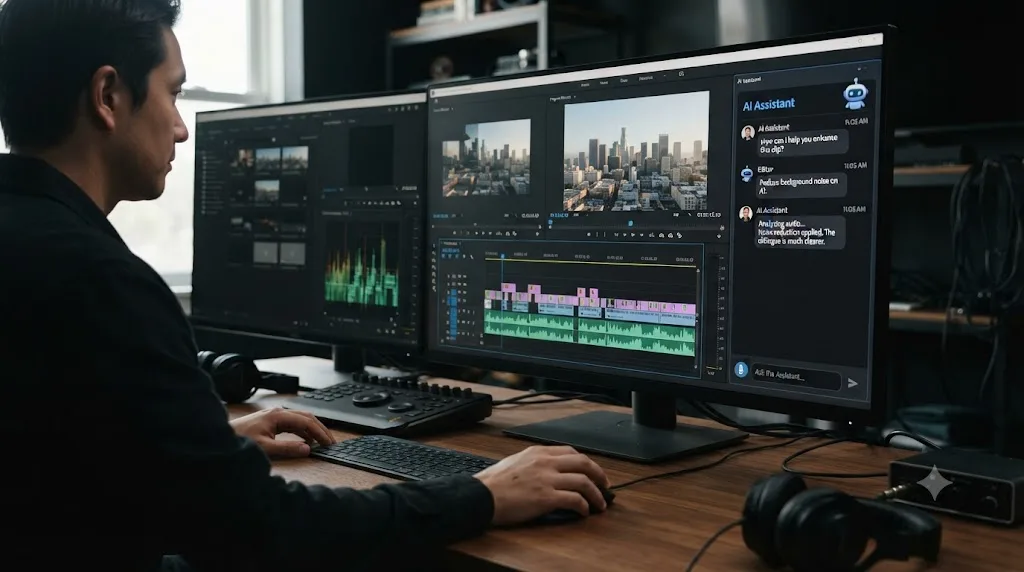Illustration of a chat-based AI assistant panel docked inside an Adobe Premiere Pro editing interface