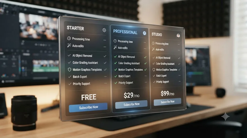Illustration of a pricing comparison card for an AI video editing plugin's subscription tiers