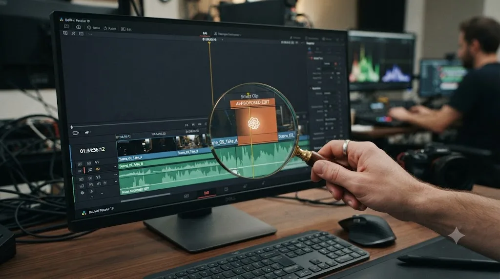 Illustration of a magnifying glass reviewing an AI-proposed video edit before it is applied to a timeline
