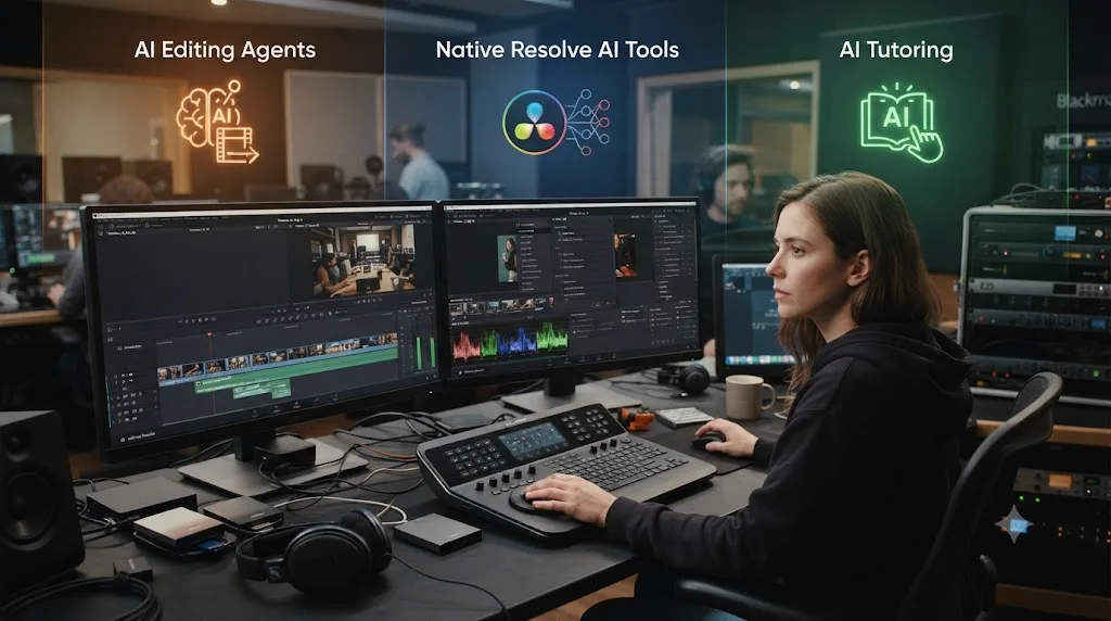 Illustration of three separate categories of AI tools for DaVinci Resolve: editing agents, native AI tools, and AI tutoring