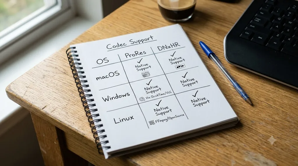 Illustration of a codec support table showing identical ProRes and DNxHR entries across macOS, Windows, and Linux