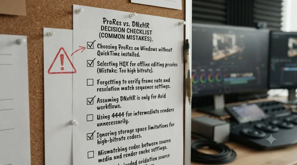 Illustration of a checklist of common mistakes when choosing between ProRes and DNxHR in DaVinci Resolve