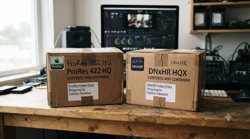 Illustration of a ProRes file in a MOV container next to a DNxHR file in an MXF container as labeled shipping boxes