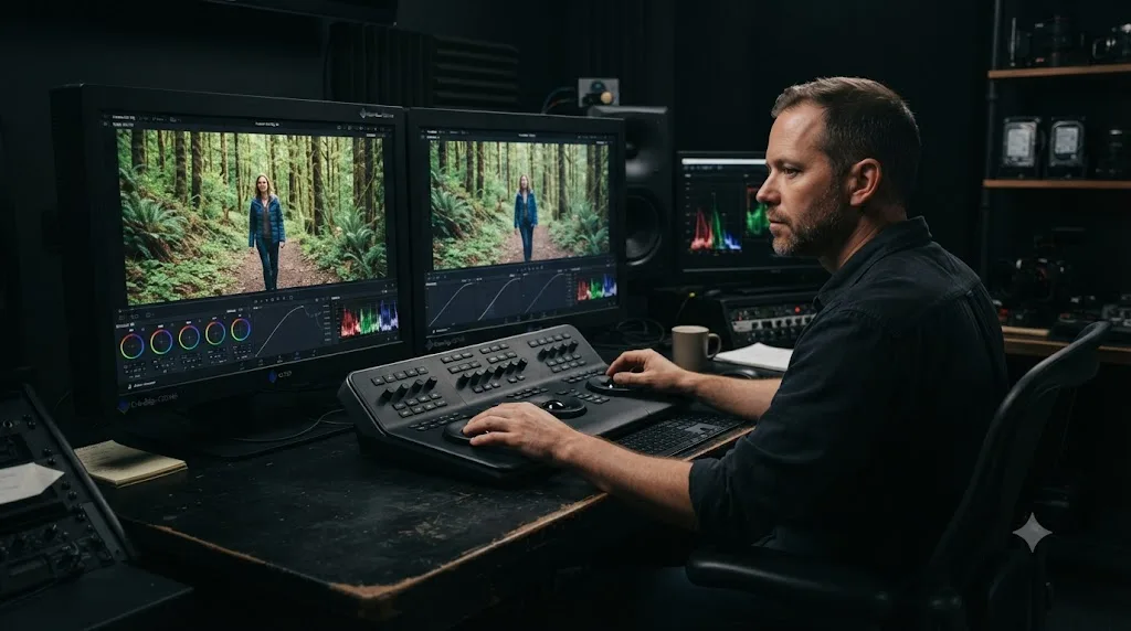 Illustration of a colorist comparing grading monitor output between ProRes and DNxHR sources