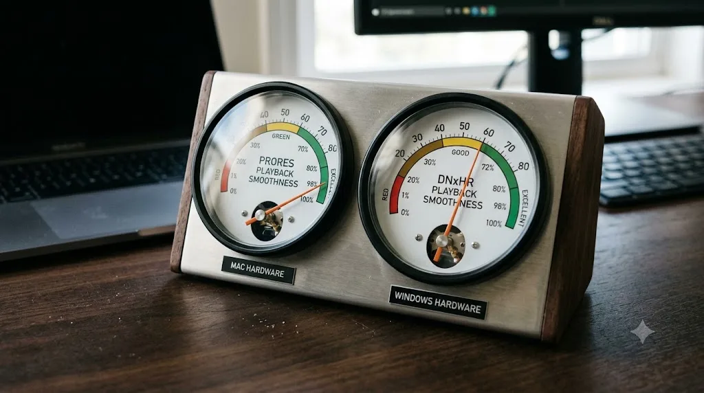 Illustration of a performance gauge comparing ProRes and DNxHR playback on Mac versus Windows hardware