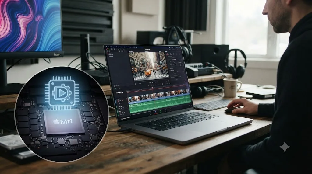 Illustration of an Apple Silicon Mac scrubbing a ProRes timeline with a hardware media engine highlighted