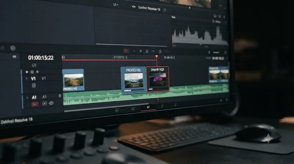 Illustration of ProRes and DNxHR file icons side by side on a DaVinci Resolve timeline