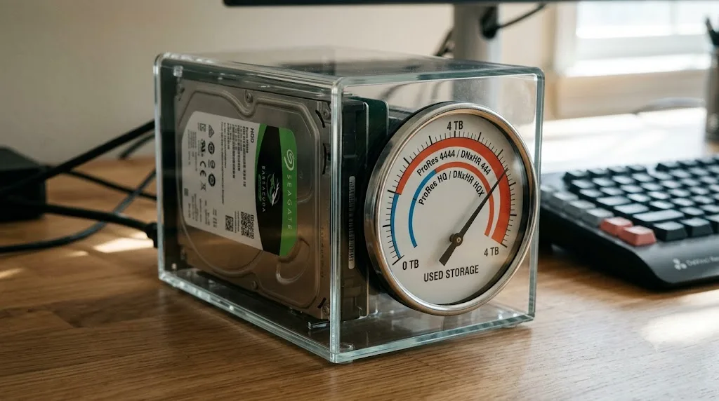 Illustration of a storage drive gauge comparing file sizes across ProRes and DNxHR quality tiers