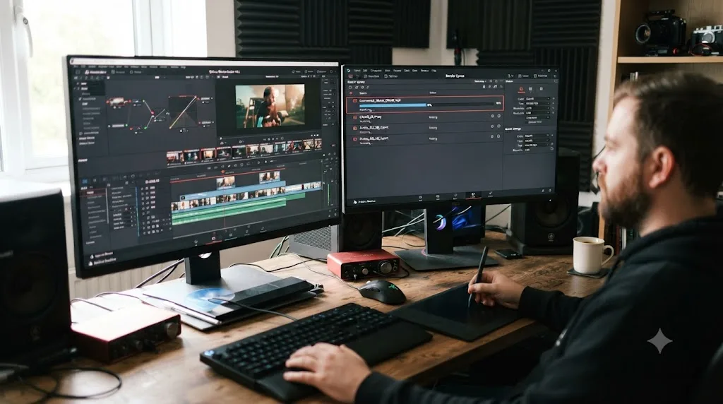 Illustration of a Windows editing workstation running a DNxHR render queue in DaVinci Resolve
