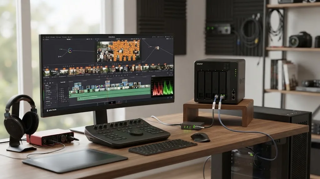 Illustration of a 2.5GbE NAS serving a single DaVinci Resolve editor