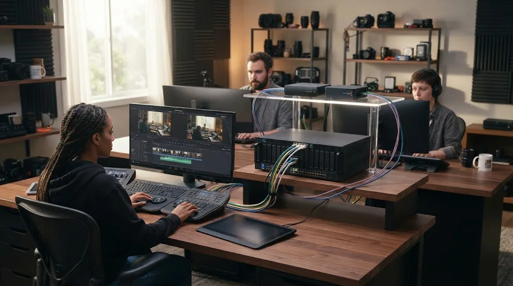 Illustration of DaVinci Resolve collaboration with NAS media separated from the project server