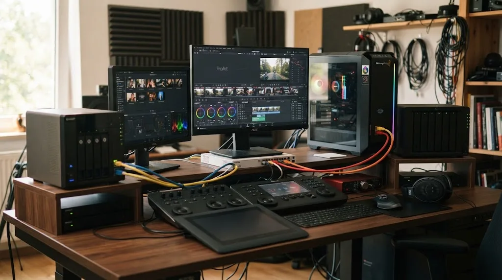 Illustration of QNAP and Synology NAS options for DaVinci Resolve video editing