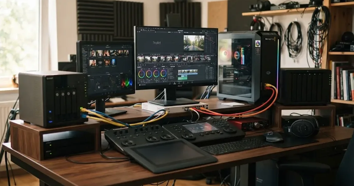 Illustration of QNAP and Synology NAS systems used for DaVinci Resolve video editing