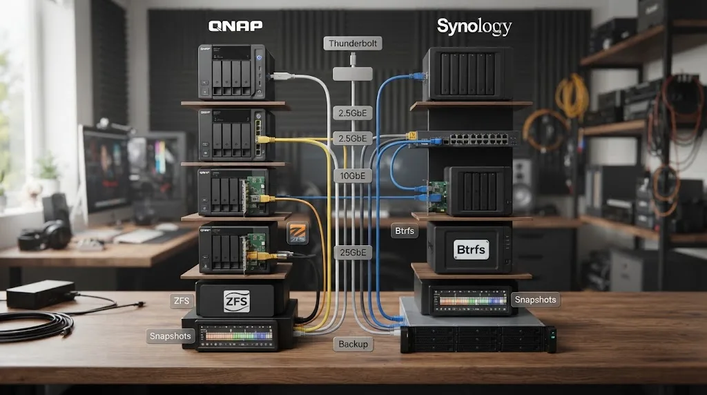 Illustration of the main QNAP versus Synology decision factors for video editors