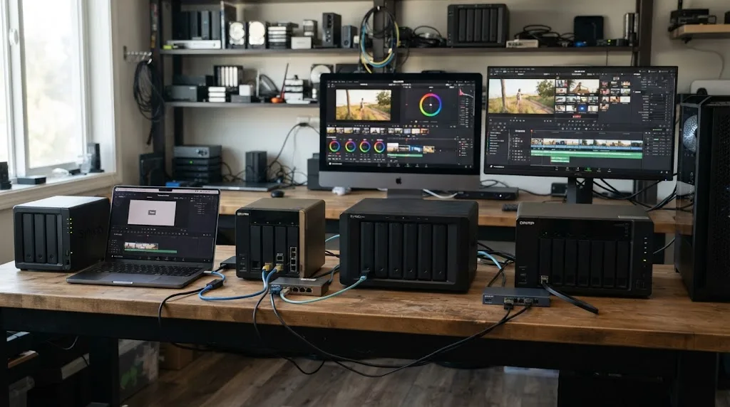 Illustration of QNAP and Synology NAS model tiers for Resolve editors