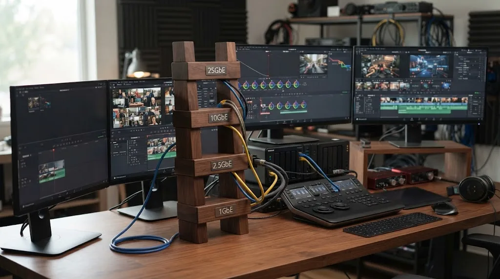 Illustration of Ethernet bandwidth tiers for DaVinci Resolve NAS editing