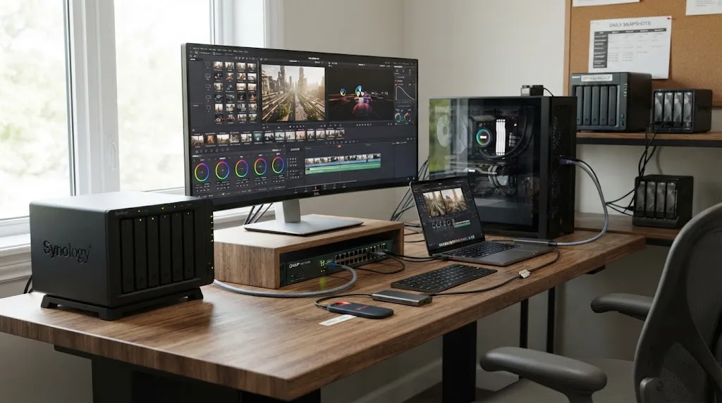 Illustration of a recommended QNAP or Synology storage architecture for DaVinci Resolve
