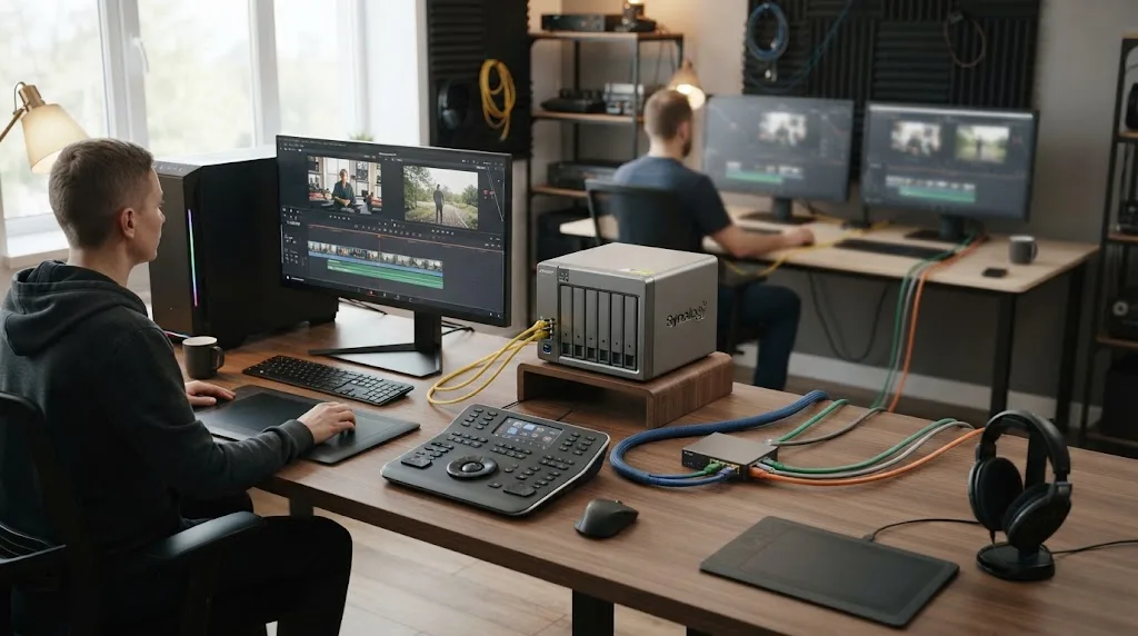 Illustration of SMB Multichannel versus shared uplink networking for video editing