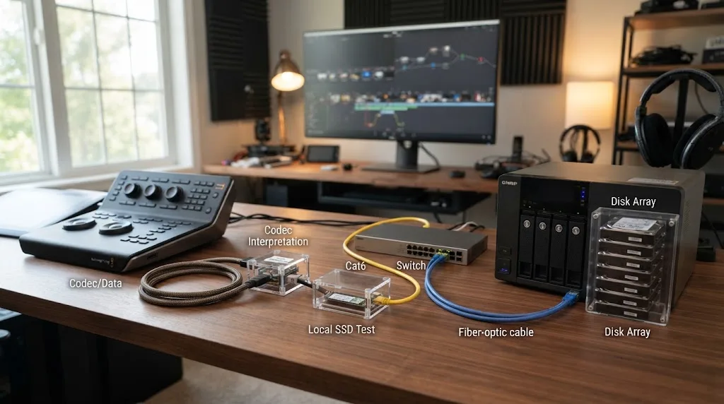 Illustration of a DaVinci Resolve NAS stutter troubleshooting path