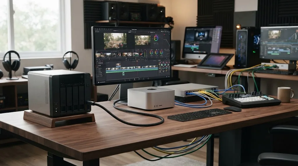 Illustration of a Mac using QNAP Thunderbolt 4 alongside an Ethernet editing network