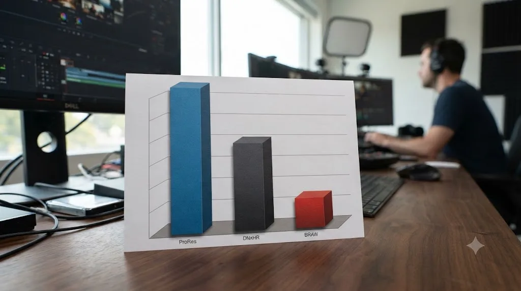 Illustration comparing Blackmagic RAW, ProRes, and DNxHR data rate requirements on a bar chart
