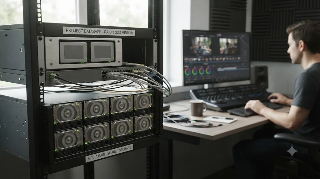 Illustration of a DaVinci Resolve Project Server database running on a RAID array