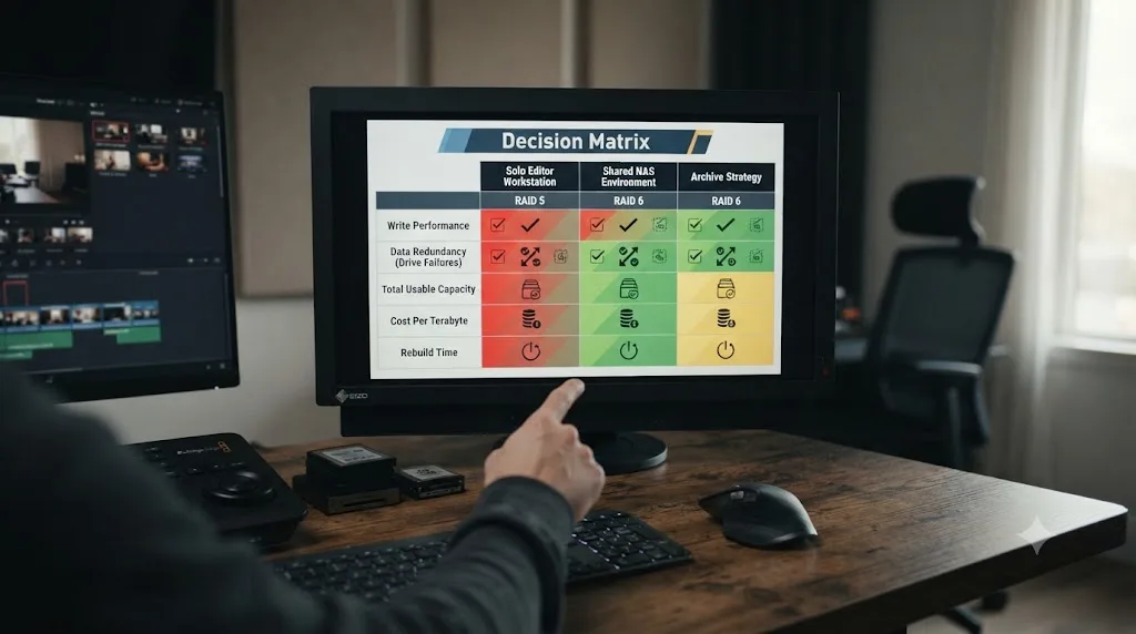 Illustration of a decision matrix table comparing RAID 5 and RAID 6 for different DaVinci Resolve editing setups