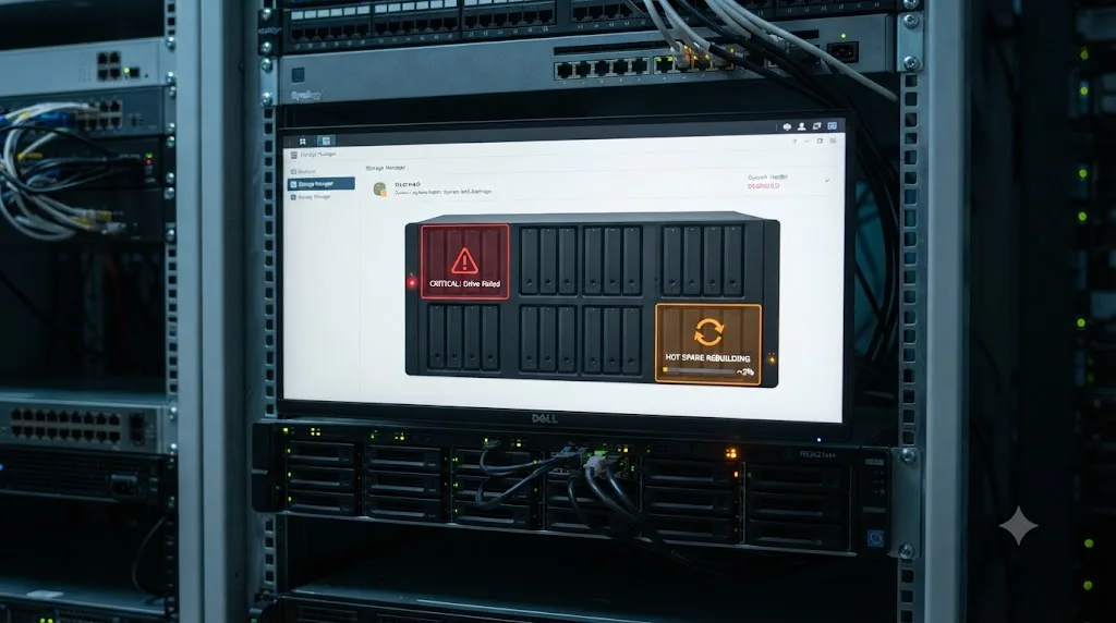 Illustration of a NAS storage dashboard showing a failed drive bay and a hot spare rebuild starting automatically