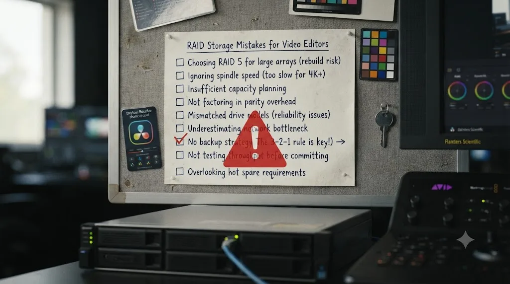 Illustration of a checklist of common mistakes editors make choosing RAID storage for DaVinci Resolve