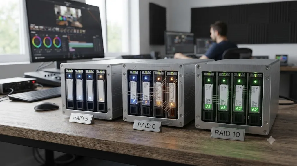 Illustration comparing RAID 5, RAID 6, and RAID 10 drive layouts side by side