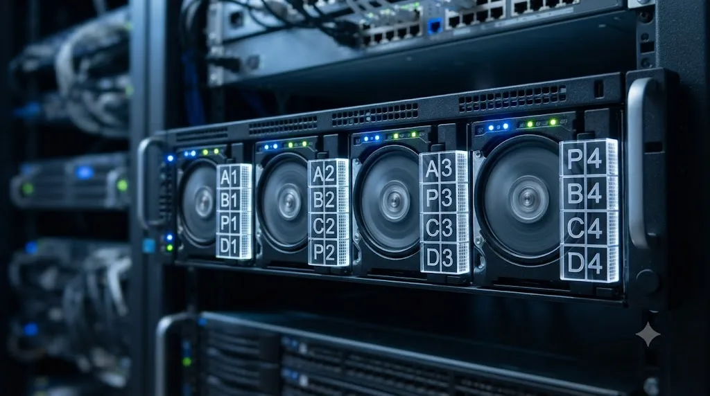 Illustration of RAID 5 striping data and single parity across four drives