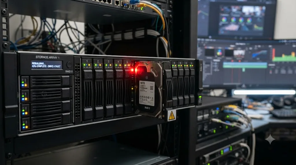 Illustration of a RAID 5 array rebuilding after a drive failure with a warning icon on a large hard drive